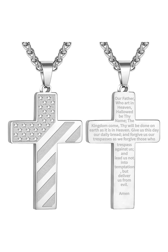 Silver Cross Necklaces for Men Boys American Flag Pendant Chain Catholic Christian Religious Birthday First Communion Graduation Fathers Day Jewelry Gifts Teen Him Dad Son Adults Kids Age Ideas
