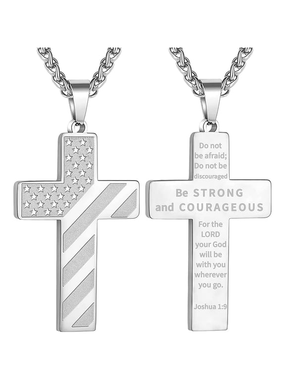 Silver Plated Cross Necklaces for Men 316L Stainless Steel American Flag Pendant Chain Catholic Christian Religious Stuff Birthday Christmas Jewelry Gifts Teen Boys Stocking Stuffers Kids