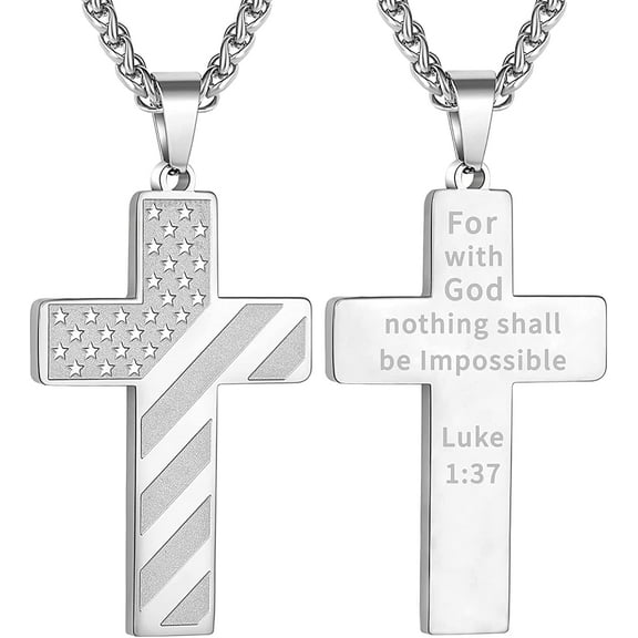 APSVO Silver Cross Necklaces for Men Boys American Flag Pendant Chain Catholic Christian Religious Birthday Valentines Day Jewelry Gifts Teen Him Dad Boyfriend Husband Male Son Adults Kids Age Ideas