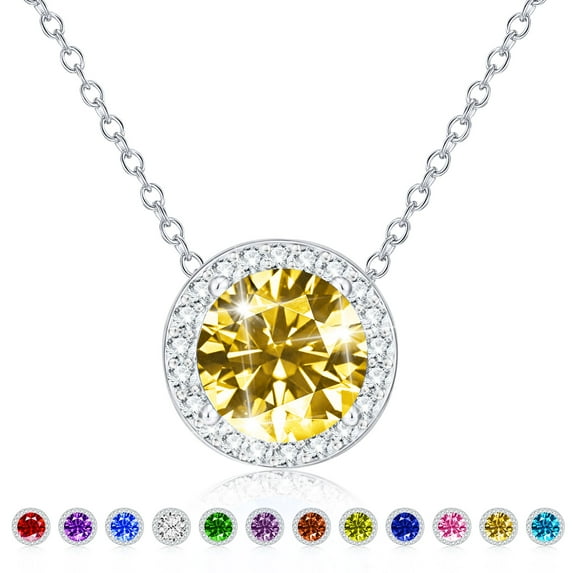APSVO Round Necklaces for Women Girls CZ S925 Sterling Silver November Birthstone Pendant with Yellow Citrine Topaz Birthday Valentines Day Jewelry Gifts Teen Her Adults Girlfriend Kids Ideas