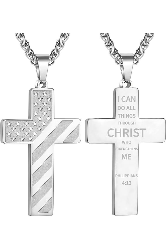 Silver Cross Necklaces for Men American Flag Pendant Chain Catholic Christian Religious First Communion Graduation 4th of July Father's Day Jewelry Gifts Ideas Dad Husband Son Age