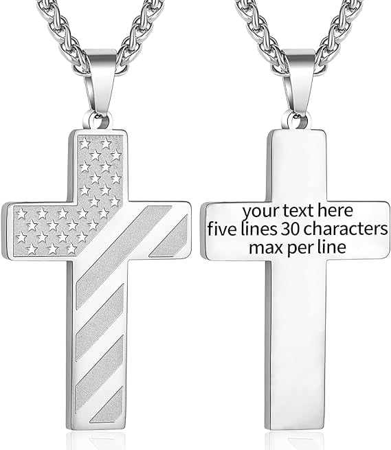 Silver Cross Necklaces for Men Boys Stainless Steel Cross Pendant Chain American Flag Necklaces