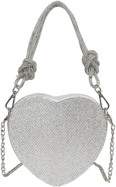 Silver Crossbody Purse, Heart Purse Evening Clutch Small Shoulder Purse Rhinestone Purse Crossbody Bag for Women