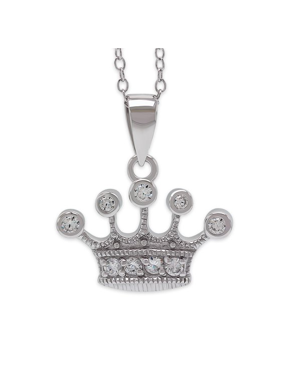 Silver Crown Necklace with Cubic Zirconia Stones - 925 Sterling Silver - Queen Tiara Pendant - Adjustable Silver Necklace 16-18 Included!
