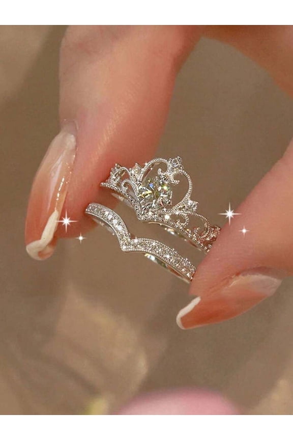 Silver Crown Princess Cubic Zirconia V-Shaped Geometric Ring Set For Party And Daily Wear