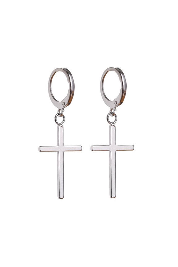 Silver Crucifix Hinged Piercing Huggie Hoop Earrings Long Dangle Minimalist Jewelry Gift for