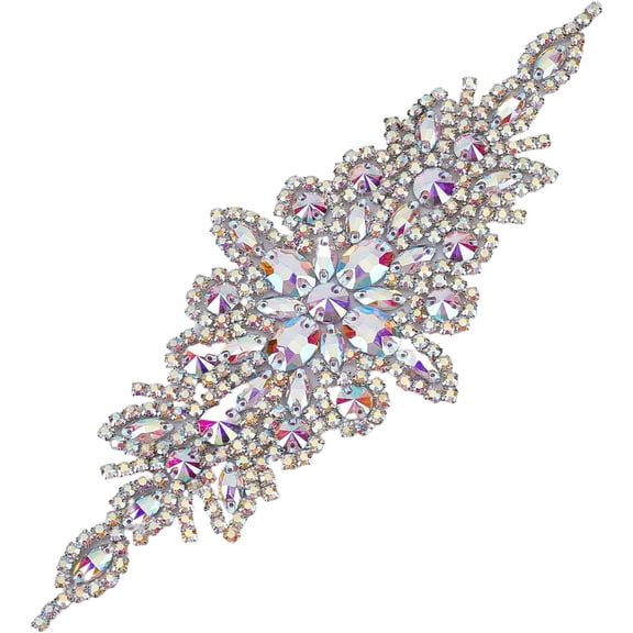 Silver Crystal 9.45 x 3.74 Inch Rhinestone Applique, Rhombus Diamond Iron on Patch, Self Adhesive Embellishments for Bridal Wedding DIY Dress Fabric