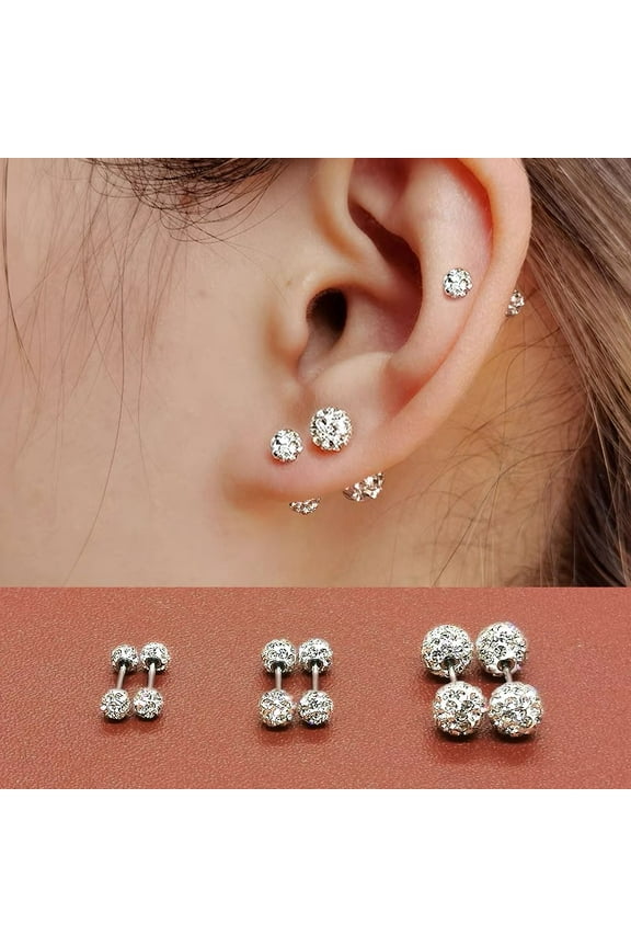 Silver Crystal Ball Earrings for Women, Dainty Sparkle Disco Ball Ear Stud 3mm, Gift for Her