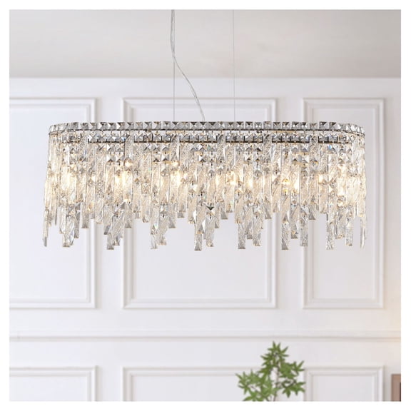 Silver Crystal Chandelier - Modern Oval Ceiling Light Fixture, Dining Room Living Room Decor, 6-Light Reflective Crystals (Bulb Not Included)