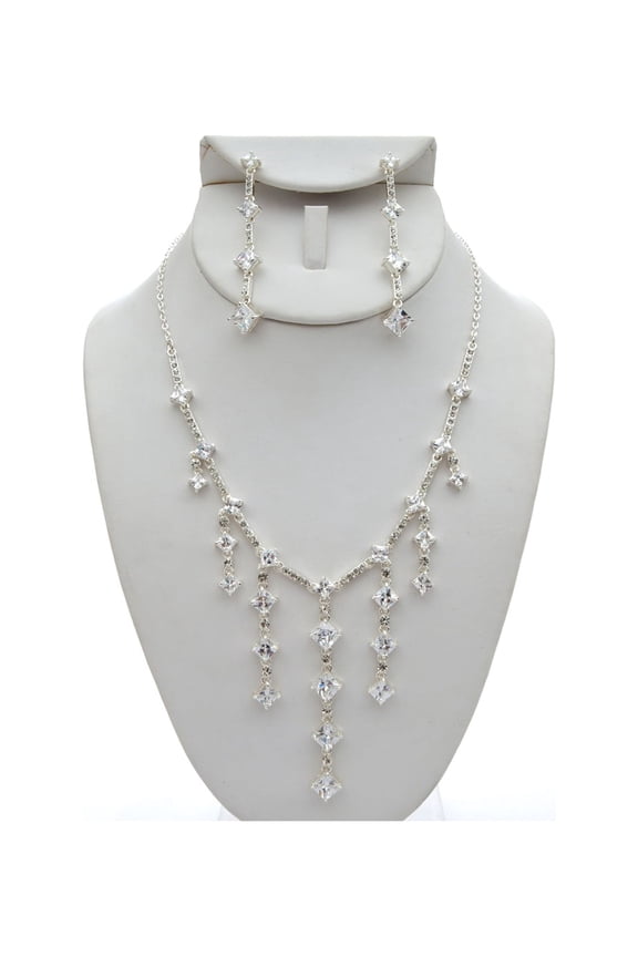 Silver Crystal Diamond Shape Cubic Zirconia Dangle Necklace & Matching Dangle Earrings Jewelry Set