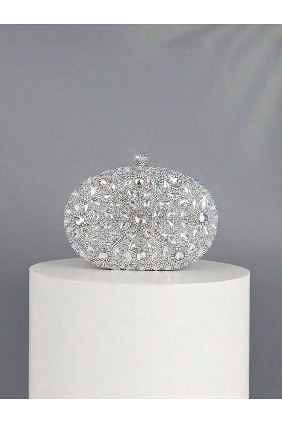 Silver Crystal-Embellished Mini Box Clutch Evening Bag With Detachable