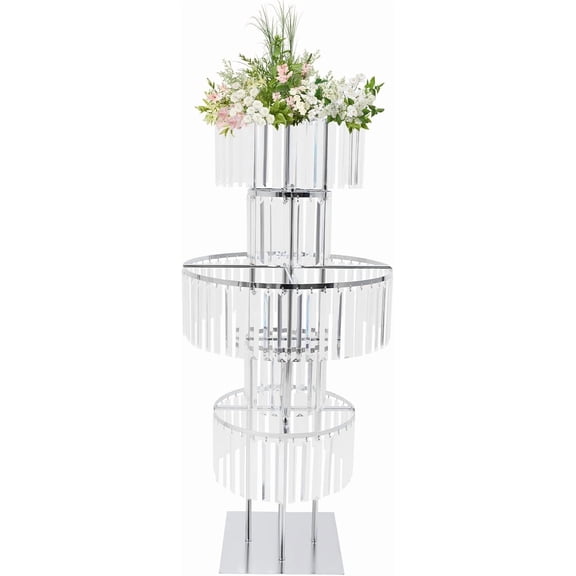 Silver Crystal Flower Vases for Table Centerpieces,43.3 Inches Tall Flower Stand with Hanging Crystals,Round Wedding Flower Vase,for Party Table Decoration