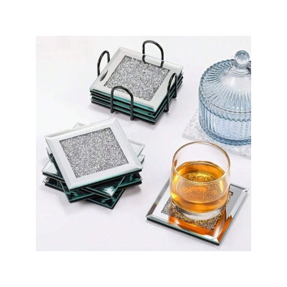 Silver Crystal Glass Coasters With Glitter Inlay And Mirror Base, Set Of 4