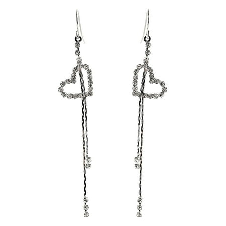 Silver Crystal Hallow Heart Shape Rhinestone with 2 Lines Mini Rhinestones Hook Dangle Earrings