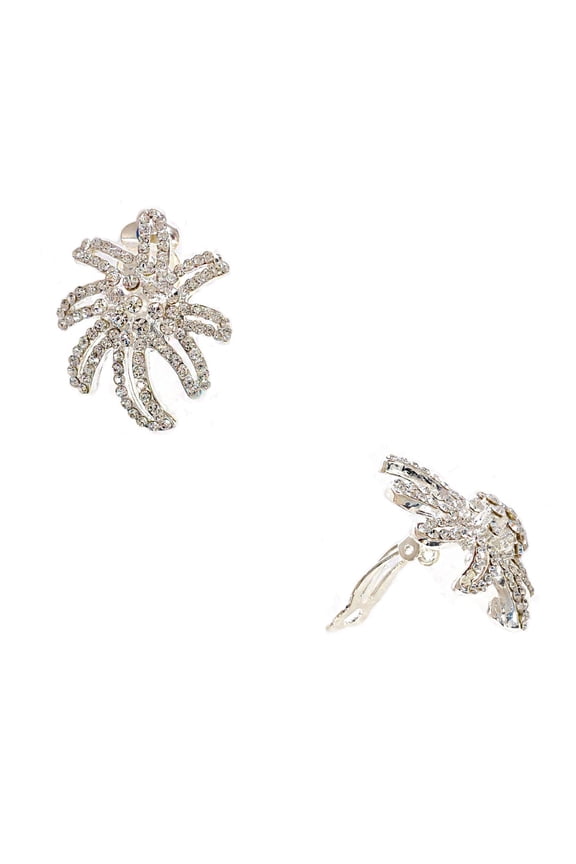 Silver Crystal Palm Tree Clip Earrings