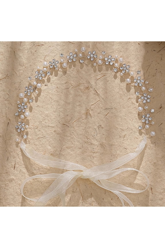 Silver Crystal Pearl Hair Vine Headband - Bridal Wedding Hair Accessories for Women & Girls - Floral Rhinestone Tiara with Ribbon for Prom Party