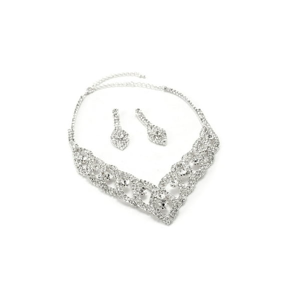 Silver Crystal Raindrop Dangle Earrings & Braids Accented Necklace Jewelry Set