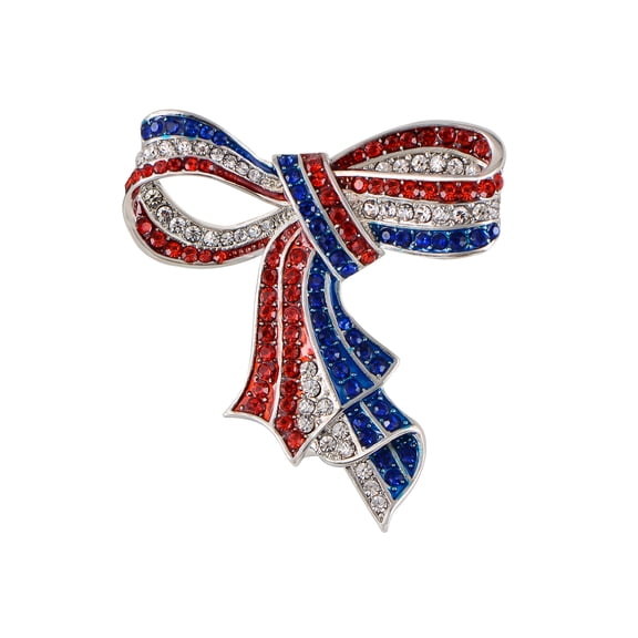 Silver Crystal Rhinestone 4th of July Independence Day Gift Bow Ribbon Pin Brooch, Ribbon Bow