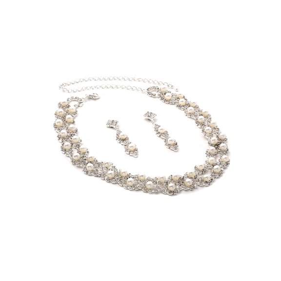 Silver Crystal Rhinestone Criss Cross Necklace with White Pearl Inserts and Matching Dangle Earrings Jewelry Set