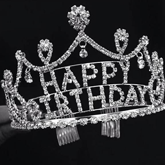 Silver Crystal Rhinestone Happy Birthday Tiara Crown Comb for Cake Topper/Perfect Birthday Crown for Everyone One / 2.5" X 7.5"