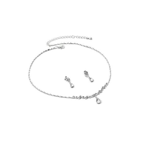 Silver Crystal Rhinestone Necklace and Zig-Zag Teardrop Center & Matching Dangle Earrings Jewelry Set