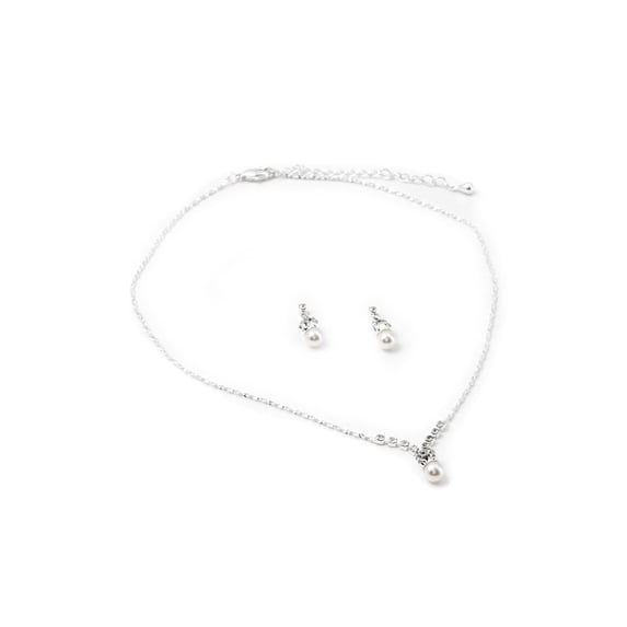 Silver Crystal Rhinestone Pearl Drop with Silver Ends Dangle Earrings & White Pearl Center Piece Necklace Jewelry Set
