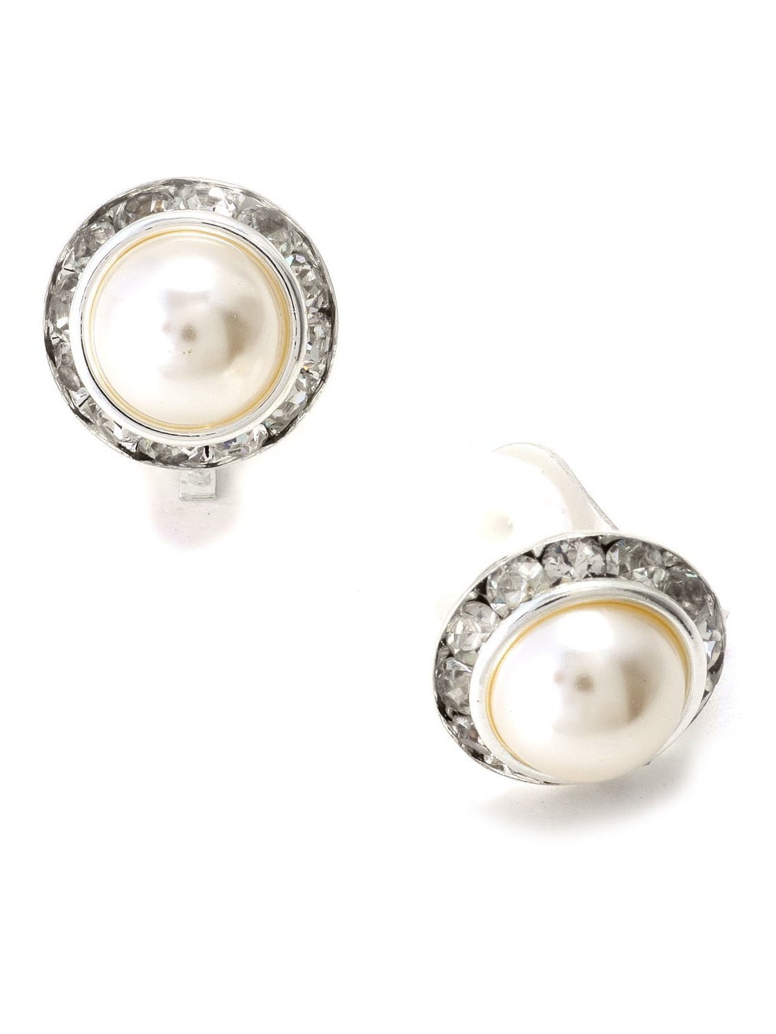 COOLCRYSTALS Silver Crystal Rhinestone Round Shaped Clip Earrings with White Dome Pearl