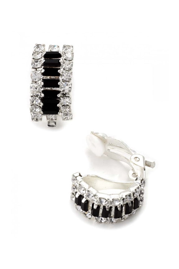 Silver Crystal Rhinestone Semi Circle Clip Earrings with Baguette Jet Rhinestones