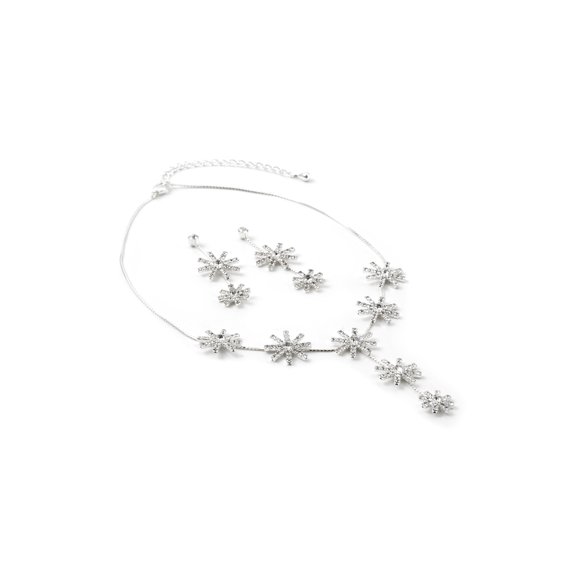 Silver Crystal Rhinestone Snowflake Necklace and Matching 2 Snowflake Dangle Earrings Jewelry Set