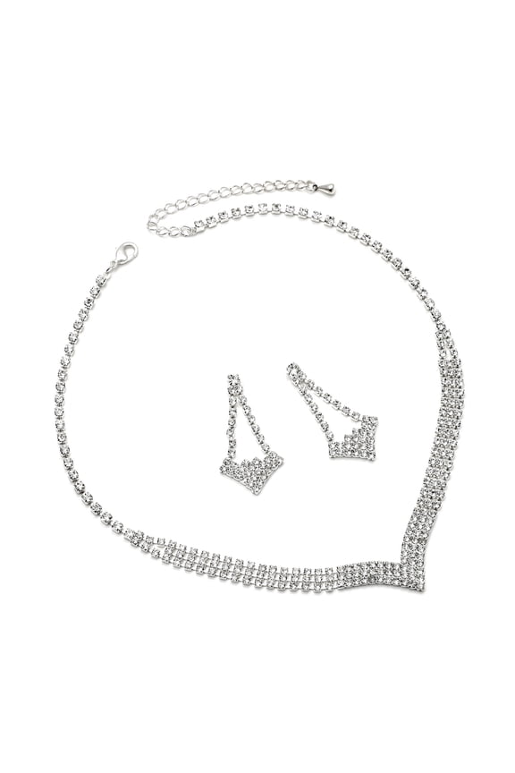 Silver Crystal Rhinestone V Neck Necklace and Arrow Shape Crystal Rhinestone Earrings Jewelry Set