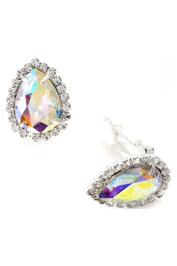 Silver Crystal Rhinestone Wrap with Aurora Borealis Teardrop Center Clip Earrings