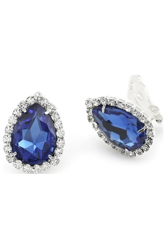 Silver Crystal Rhinestone Wrap with Sapphire Teardrop Center Clip Earrings