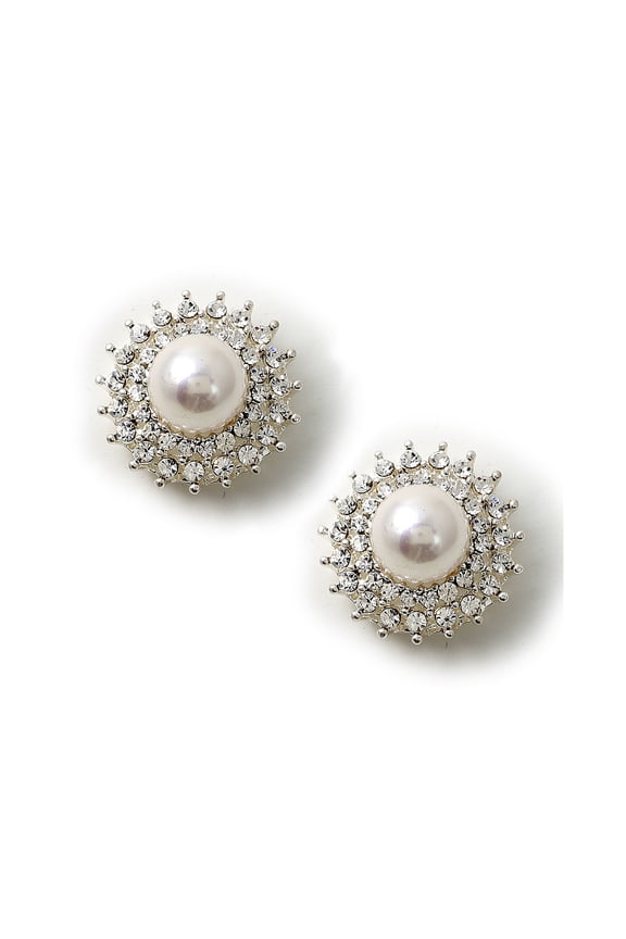 Silver Crystal Rhinestone in Sunflower Shape with White Pearl Center Earrings