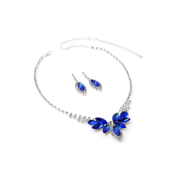 Silver Crystal Rhinestone with Indicolite Flower Pedal Stones Necklace and Dangle Matching Earrings Jewelry Set