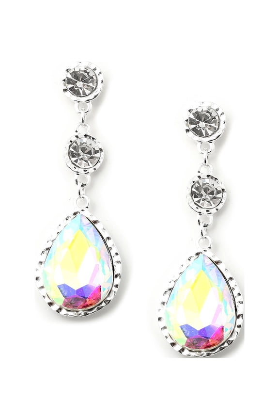 Silver Crystal Rhinestone with Large Aurora Borealis Teardrop Dangle Earrings