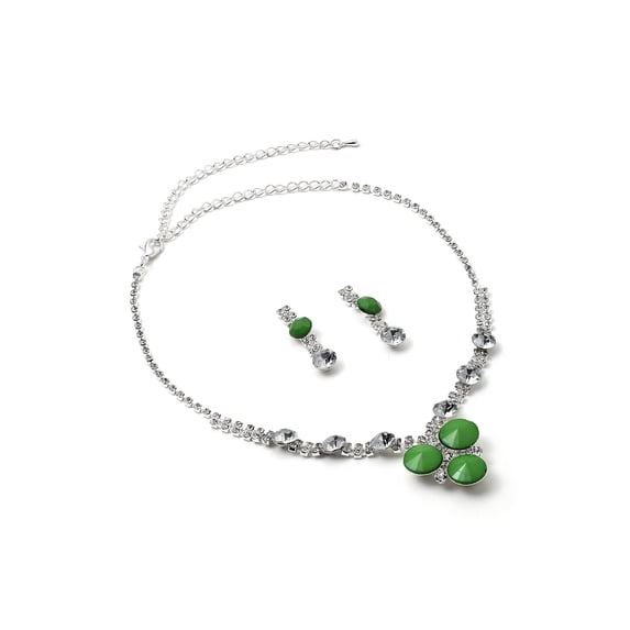 Silver Crystal Rhinestone with Small Crystal Circle Stones and Medium Opaque Emerald Green Circle Stones Necklace and Matching Earrings Jewelry Set