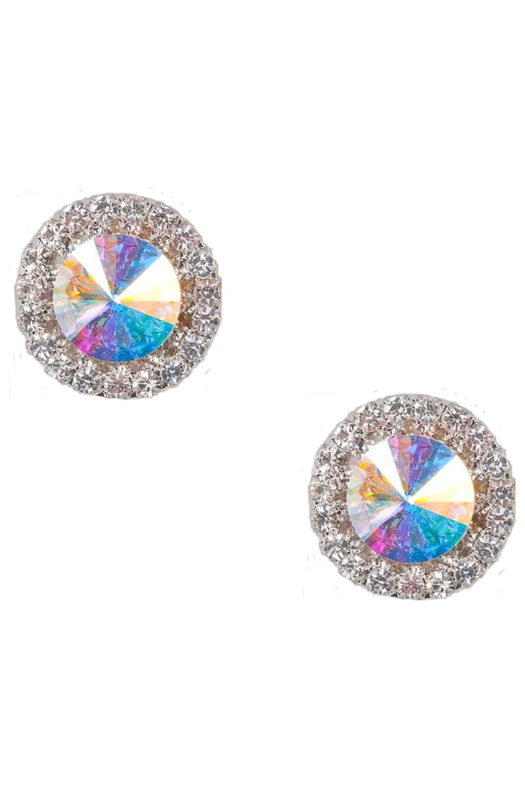 Silver Crystal Rhinestones Round Clip Earrings with Round Cut Aurora Borealis Rhinestone