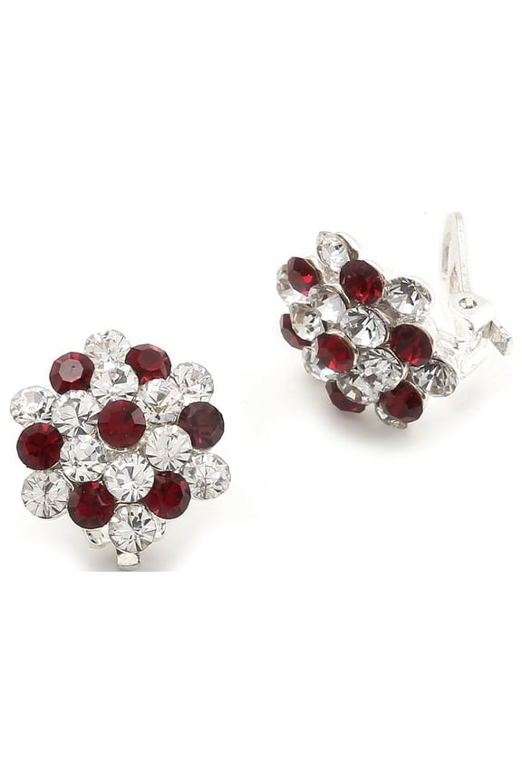 Silver Crystal Siam Rhinestone Circle Round Flower Shape Clip Earrings