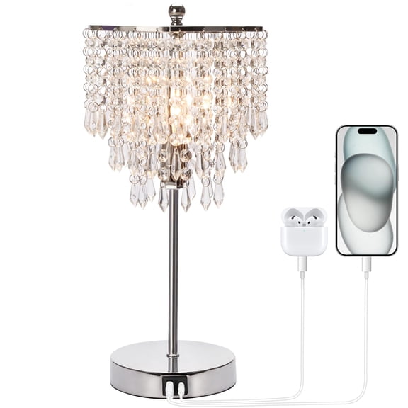 Silver Crystal Table Lamp with USB A+C Charging Ports 3-way Dimmable Bedside Nightstand Light
