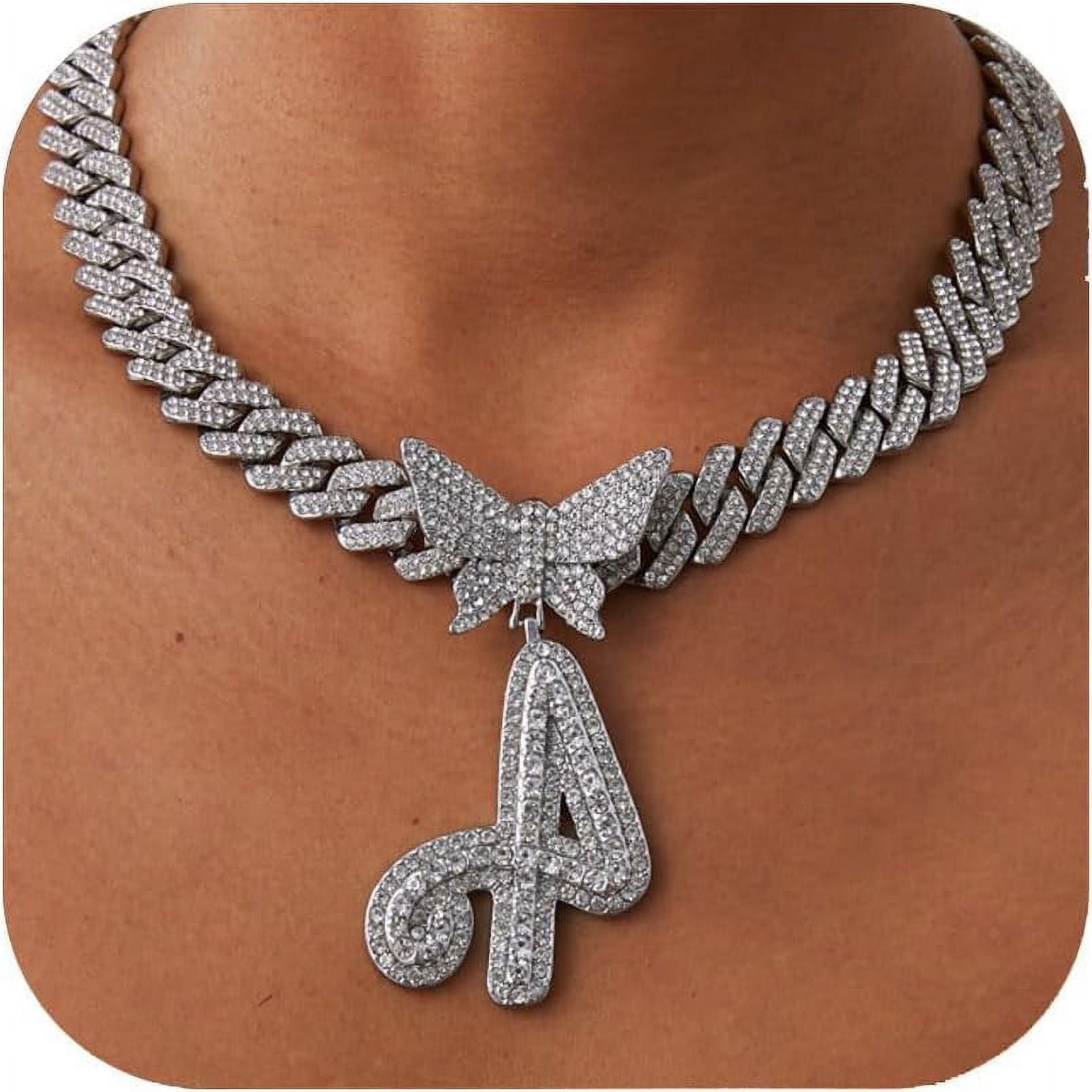 Silver Cuban Link Chain for Women Personalized Initial Letter Necklace with Diamond Iced Out Pendants Custom Name Jewelry