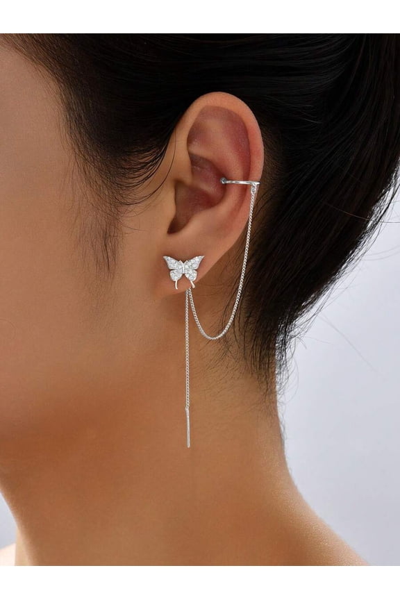 Silver Cubic Zirconia Butterfly Chain-Linked Ear Cuff Earring Set