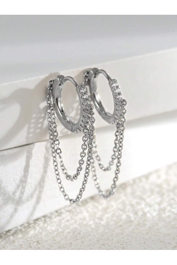 Silver Cubic Zirconia Chain-Draped Huggie Earrings