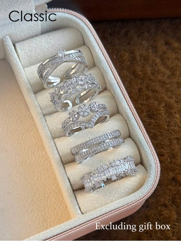 Silver Cubic Zirconia Double Layer Open Ring Set For Women - 5 Pieces