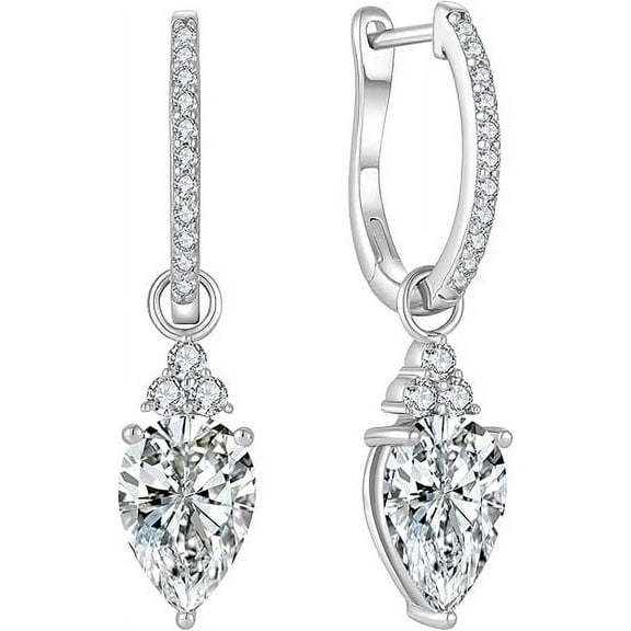 Silver Cubic Zirconia Earrings 7x10mm Birthstone Inverted Pear-shaped Gemstone Earrings 925 Sterling Silver Teardrop Crystal Dangle Earrings Valentine's Day Jewelry Gift for Women