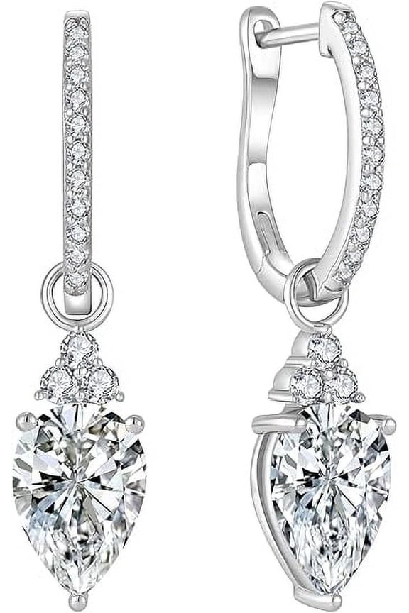Silver Cubic Zirconia Earrings 7x10mm Birthstone Inverted Pear-shaped Gemstone Earrings 925 Sterling Silver Teardrop Crystal Dangle Earrings Valentine's Day Jewelry Gift for Women