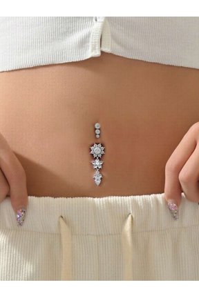Silver Cubic Zirconia Flower Dangle Belly Ring For Women