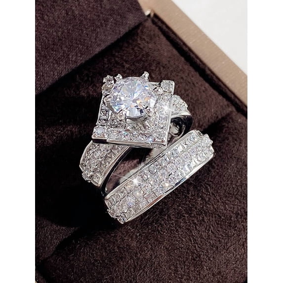 Silver Cubic Zirconia Halo Engagement Wedding Ring Set For Women