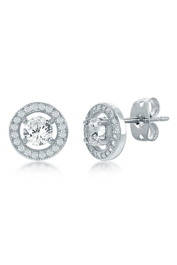 Silver Cubic Zirconia Micro Pave Setting Round Created CZ 10mm Halo Stud Earrings
