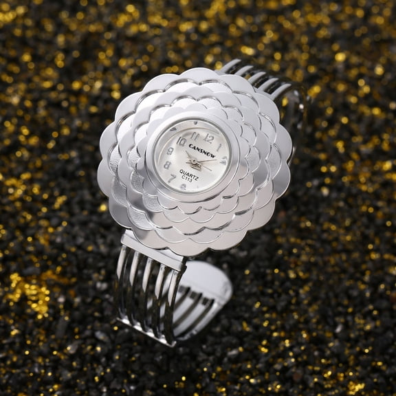 Silver Cuff Watch: Bold Floral Elegance Elegant Metal Band for Glamour