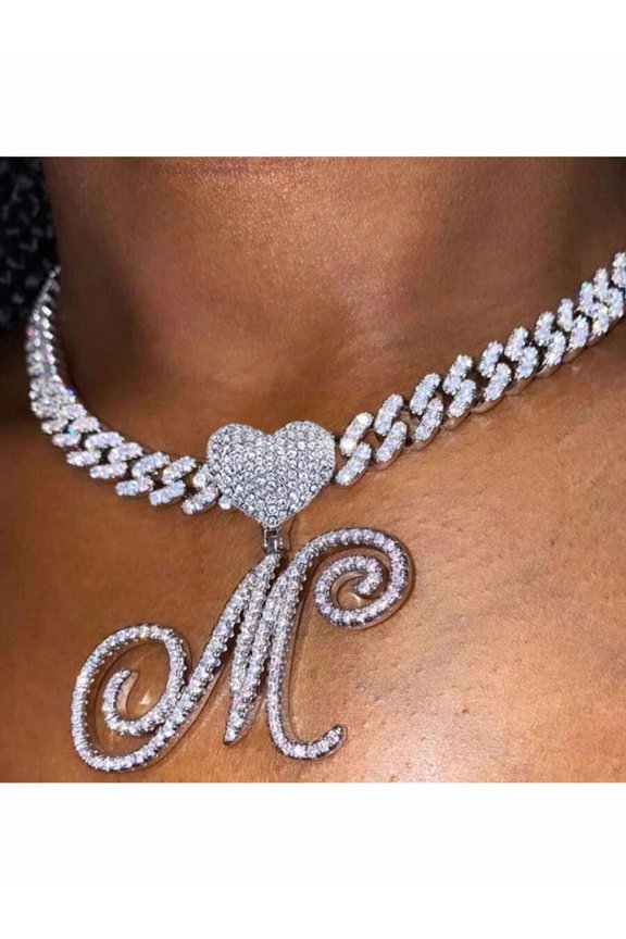 Silver Cursive Initial Pendant Necklace With Heart Charm Cuban Link Chain